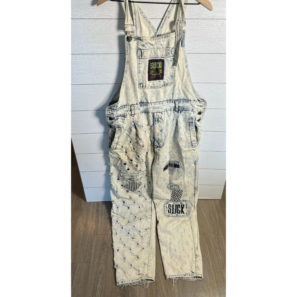Vintage Slick Production Denim Overalls Acid Wash Distressed Coverall 80 90s Y2K